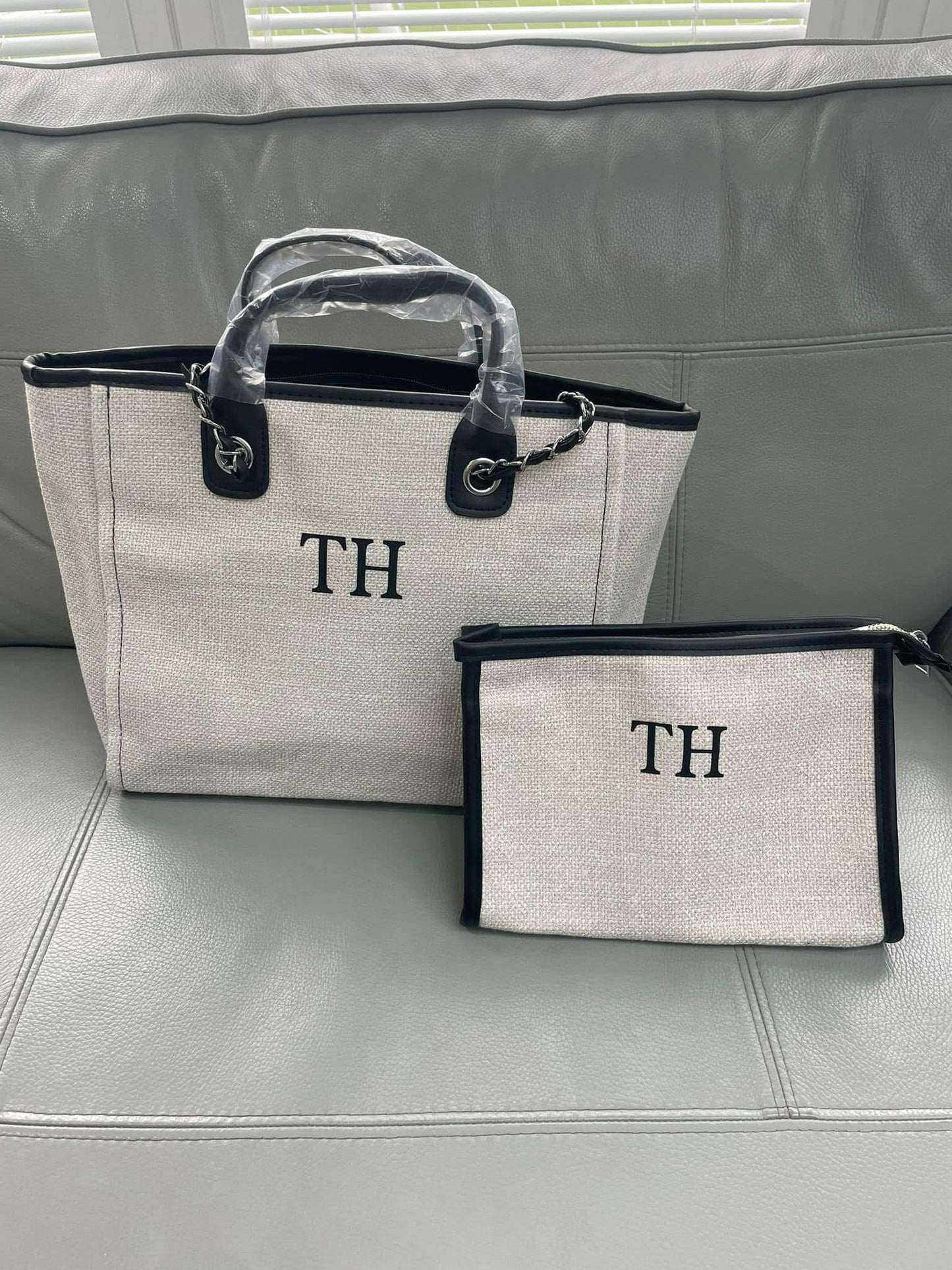 White and black canvas tote bag