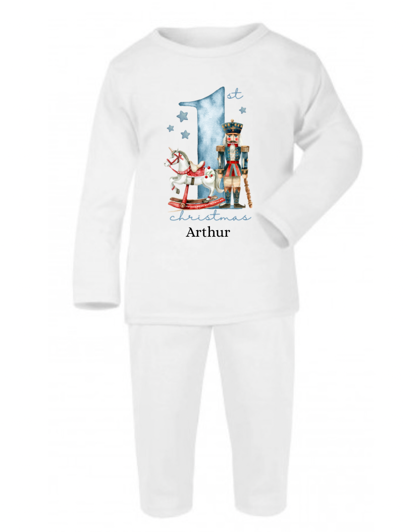 Baby 1st Christmas, personalised Christmas pyjamas, nutcracker, cute bunny, Santa, my first Christmas sleepsuit.