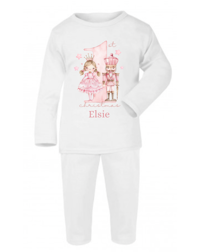 Baby 1st Christmas, personalised Christmas pyjamas, nutcracker, cute bunny, Santa, my first Christmas sleepsuit.