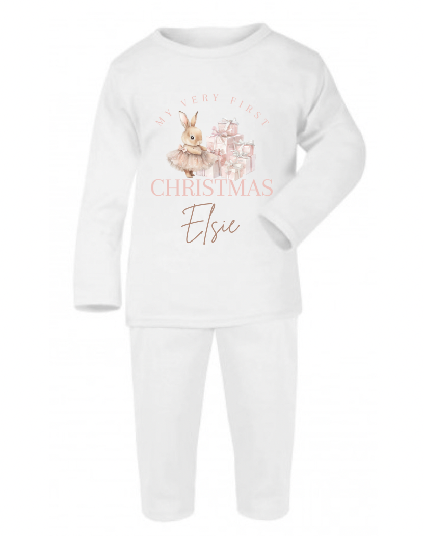 Baby 1st Christmas, personalised Christmas pyjamas, nutcracker, cute bunny, Santa, my first Christmas sleepsuit.