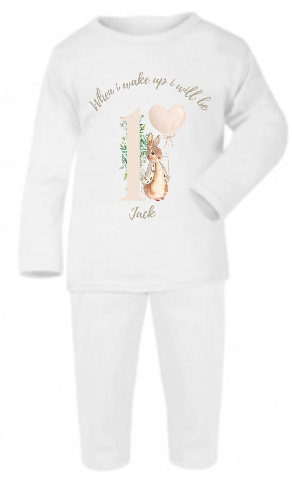 Personalised birthday milestone pyjamas - neutral bunnies design