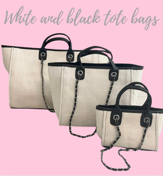 White and black canvas tote bag