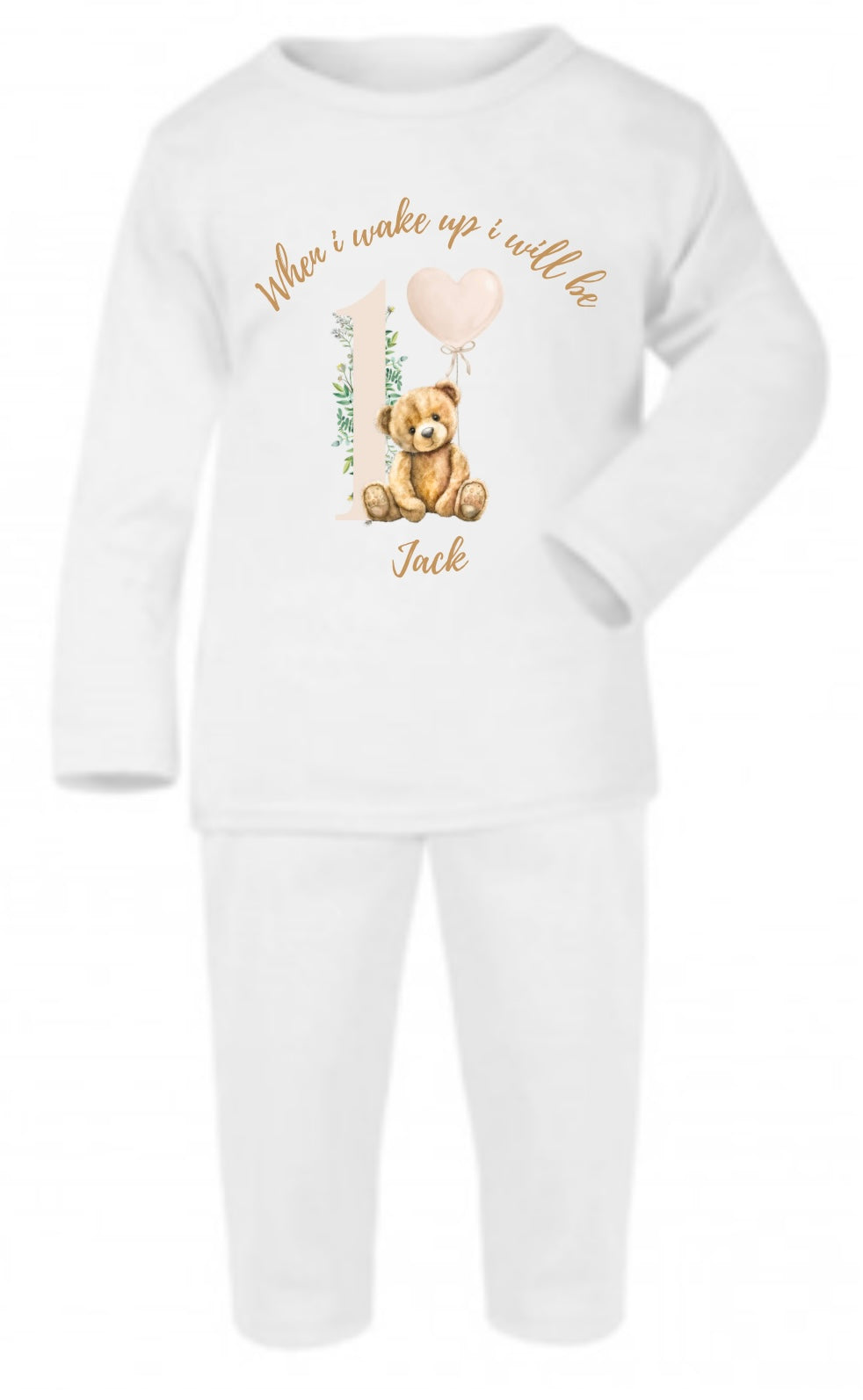 Personalised birthday milestone pyjamas - neutral teddy design