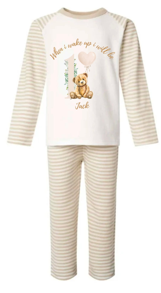 Personalised birthday milestone pyjamas - neutral teddy design